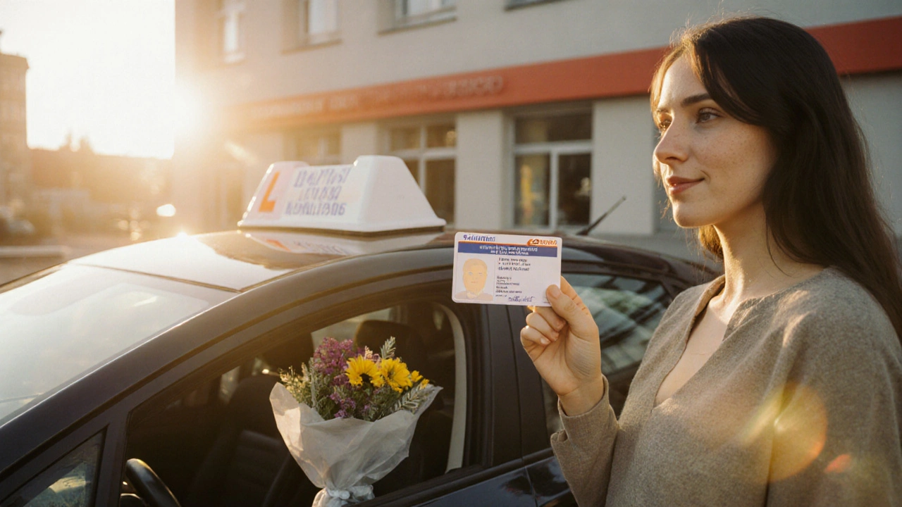 18letý nově získaný řidič drží svůj řidičský průkaz po úspěšné zkoušce.