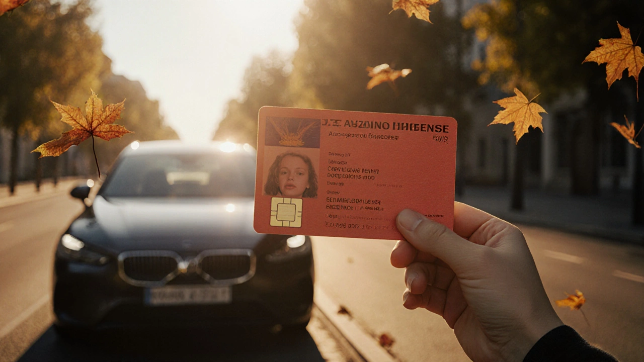 Nově získaný český řidičský průkaz v ruce mladého řidiče s autem na pozadí pod slunečným světlem.