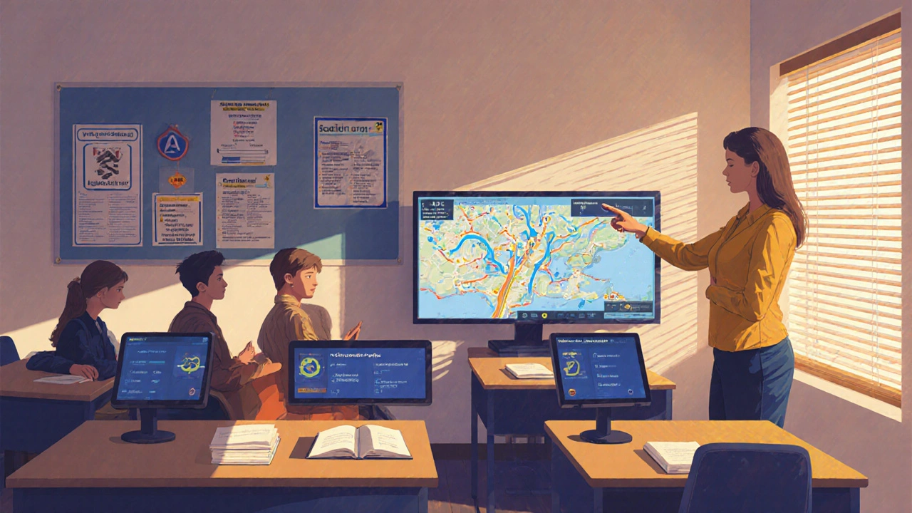 Studenti se připravují na teoretickou zkoušku z dopravních pravidel v autoškole před počítači.