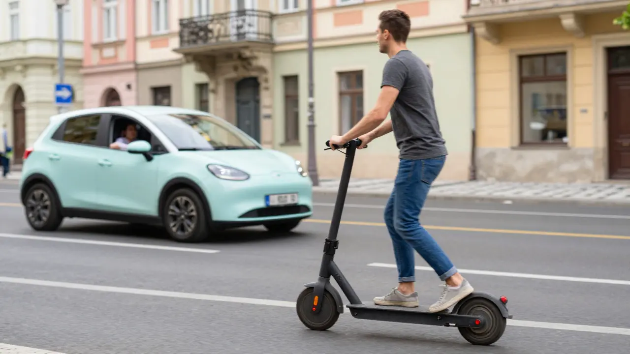 Člověk na elektrické koloběžce v ulici Prahy s přijíždějícím ride-sharingovým autem.