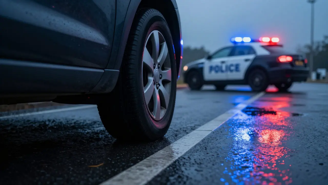 Kola auta na mokrém asfaltu s odrazem policejních majáků v kaluži.